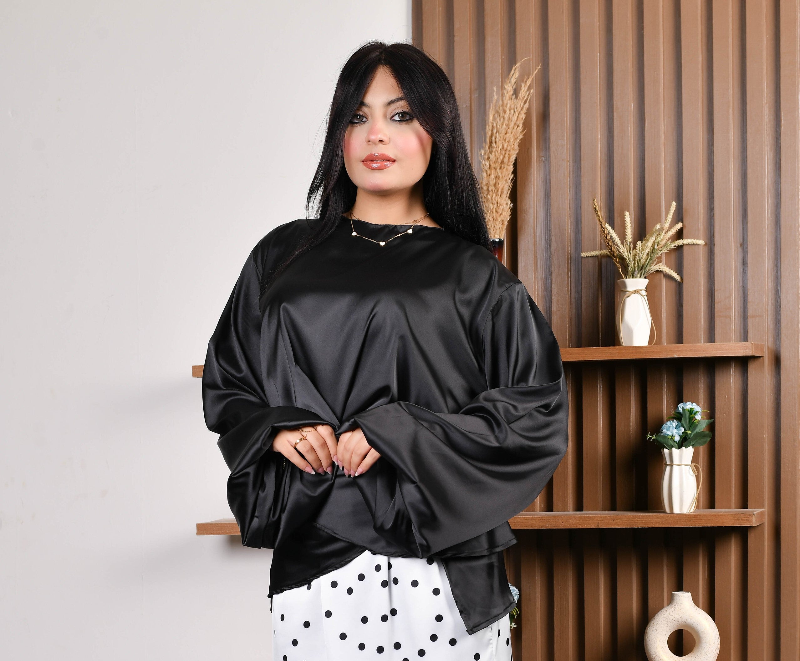 Armenian Satin Butterfly Blouse-Black color