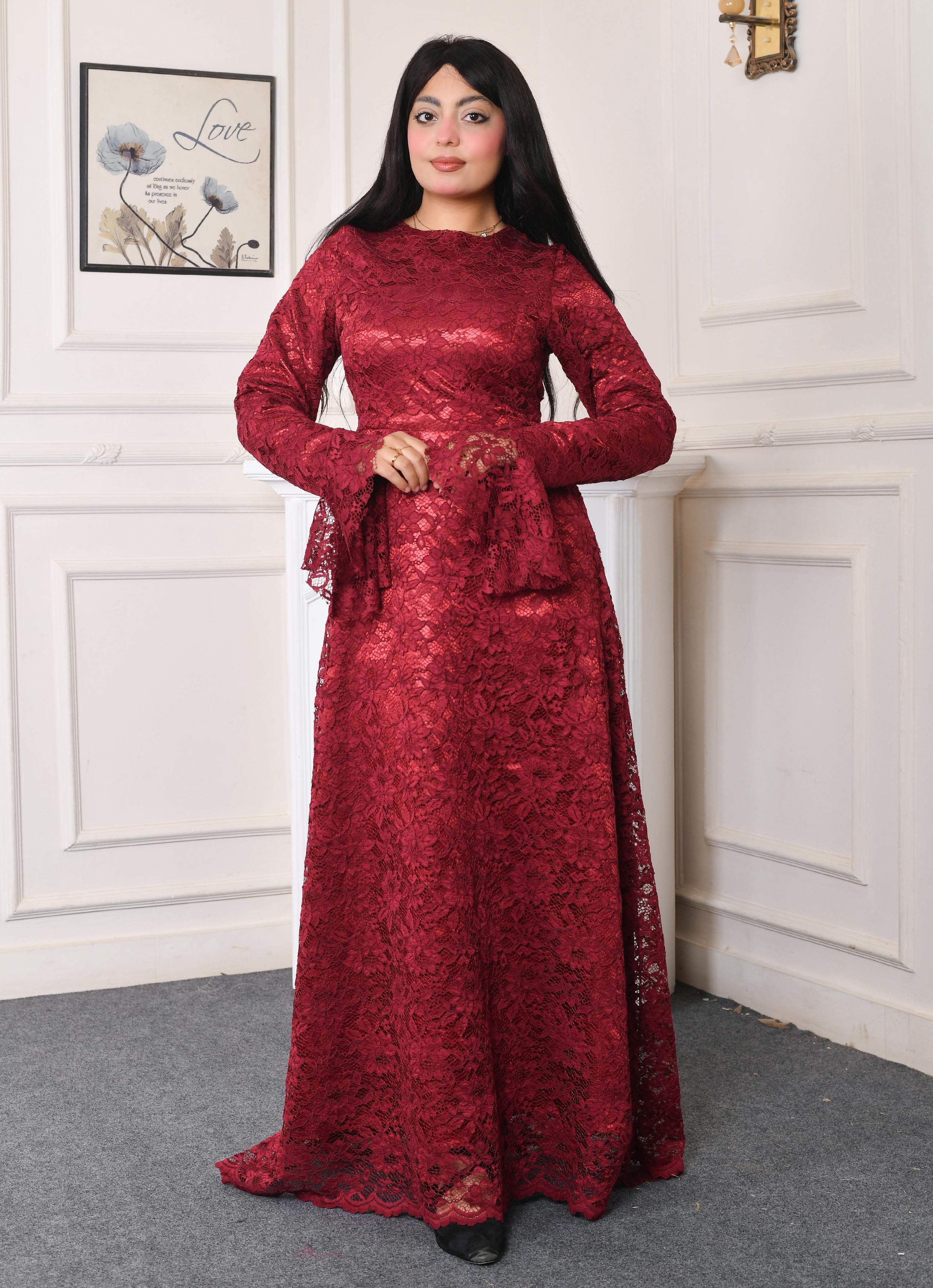 Elite Lace Evening Dress-Burgundy color