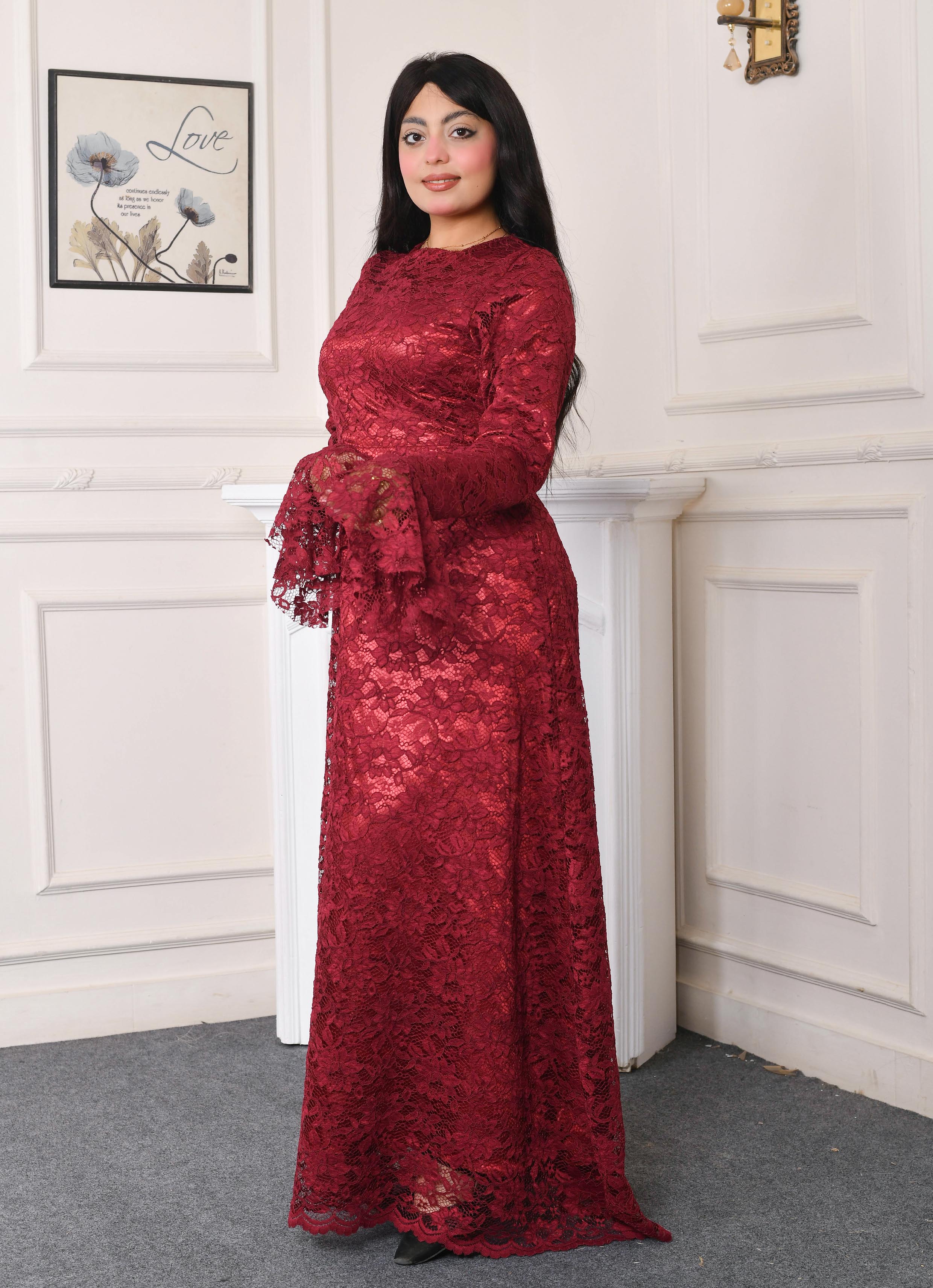 Elite Lace Evening Dress-Burgundy color