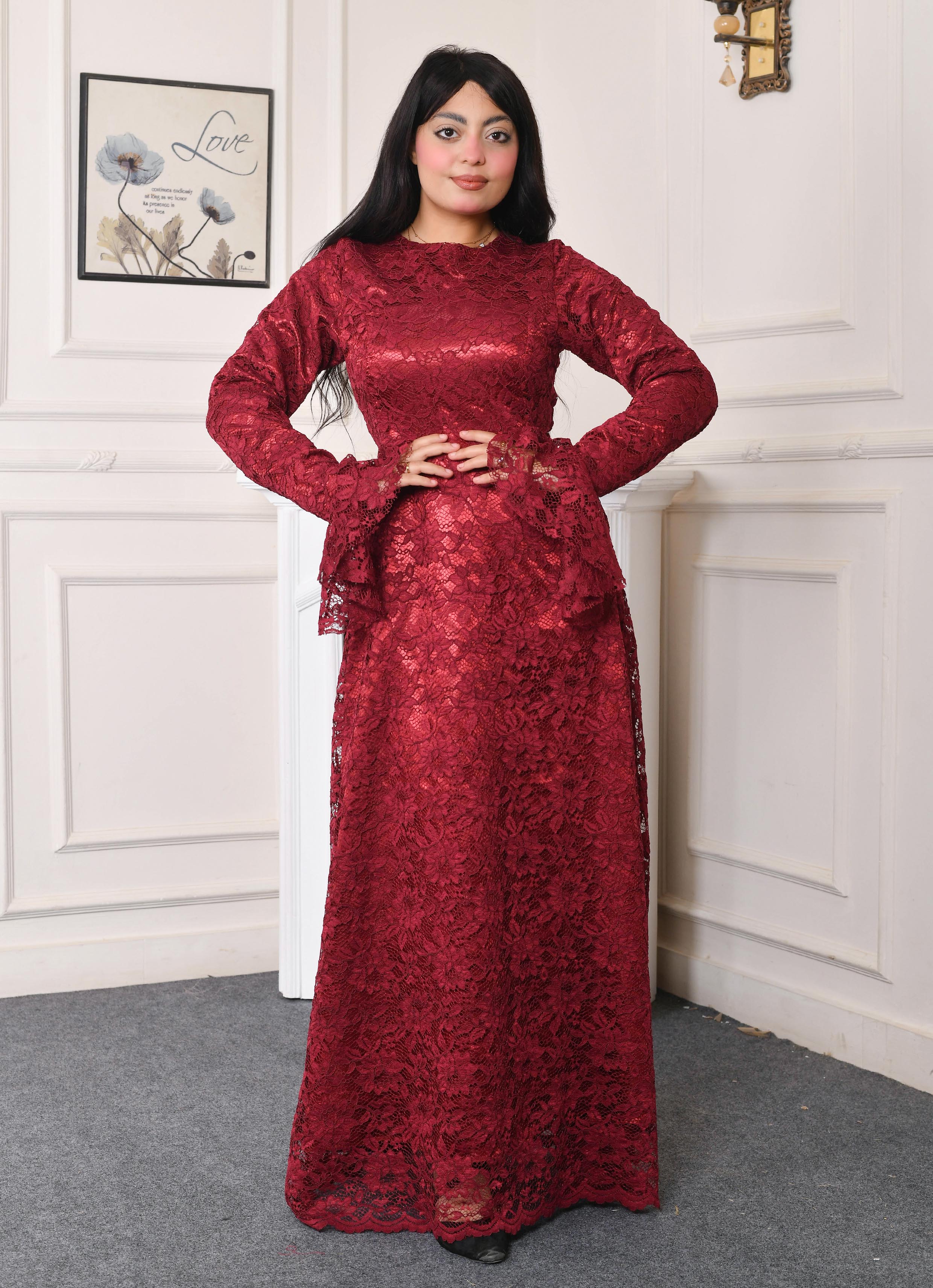 Elite Lace Evening Dress-Burgundy color