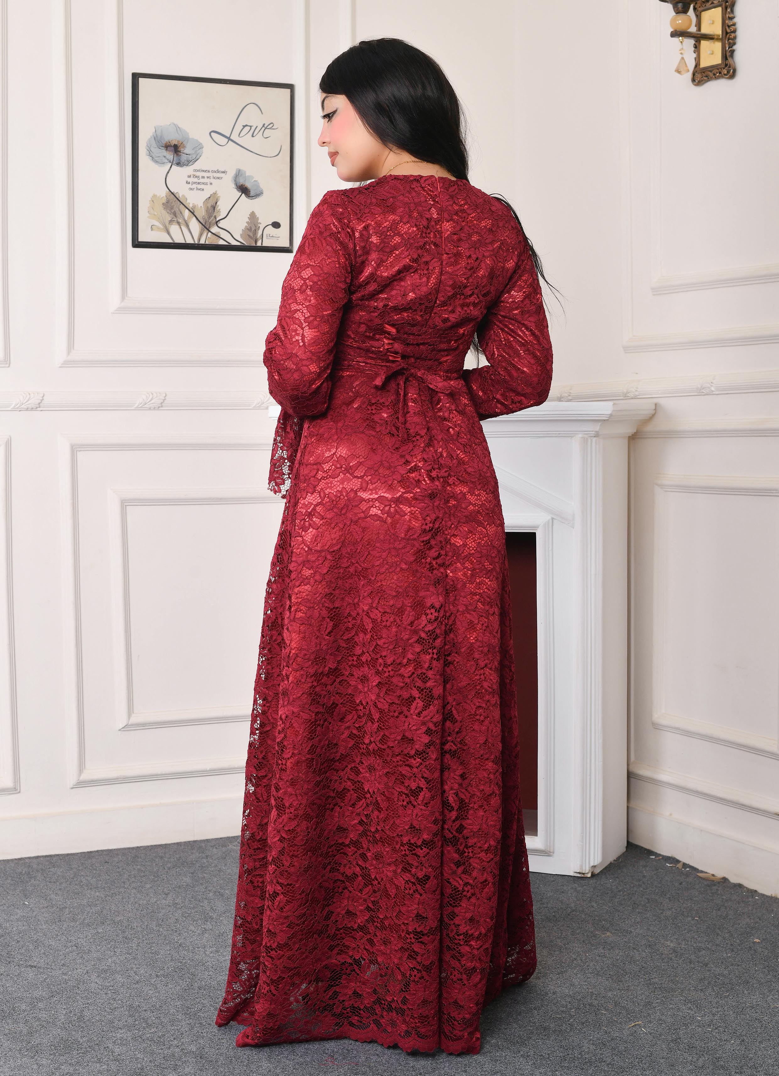 Elite Lace Evening Dress-Burgundy color