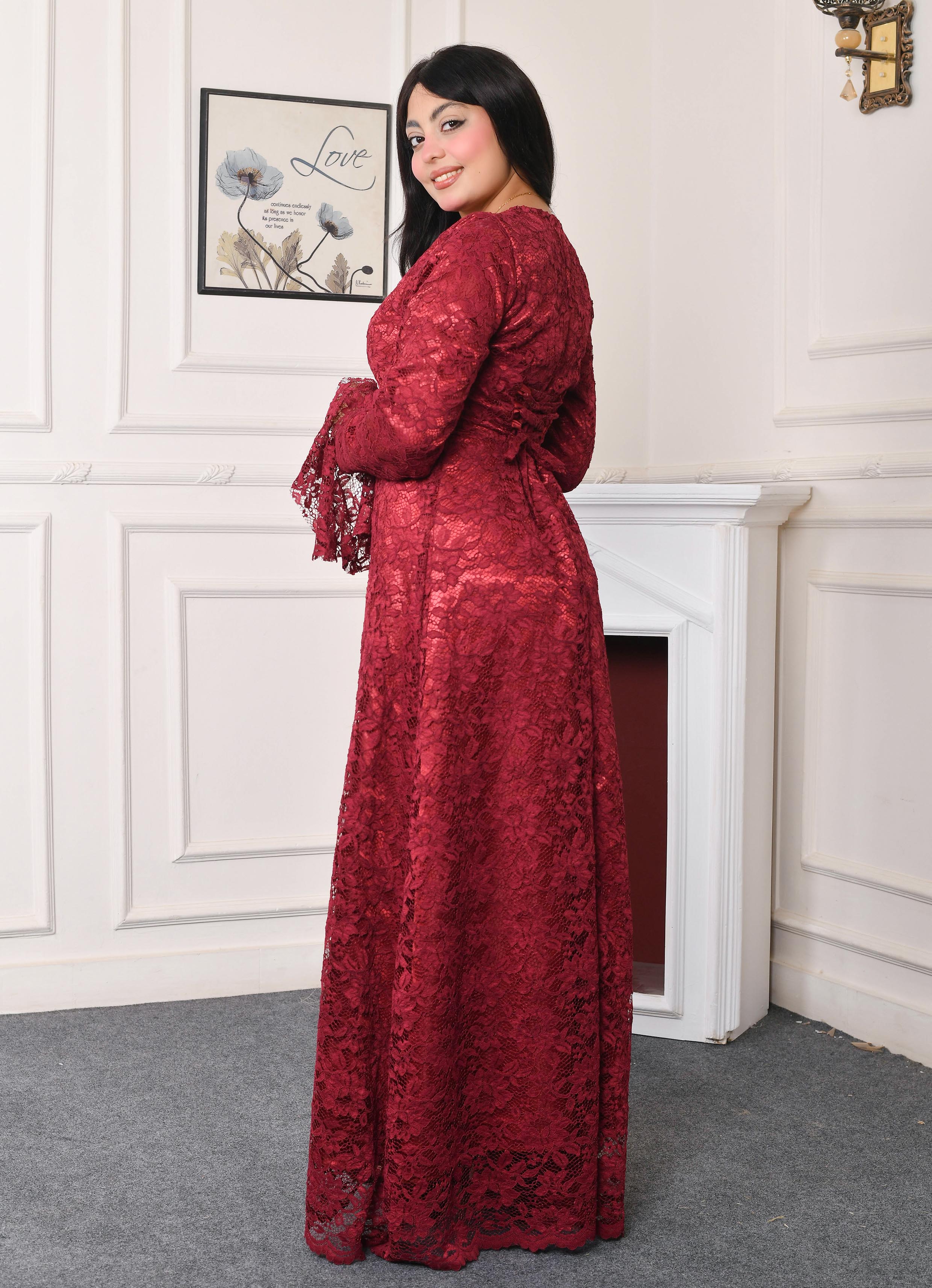 Elite Lace Evening Dress-Burgundy color