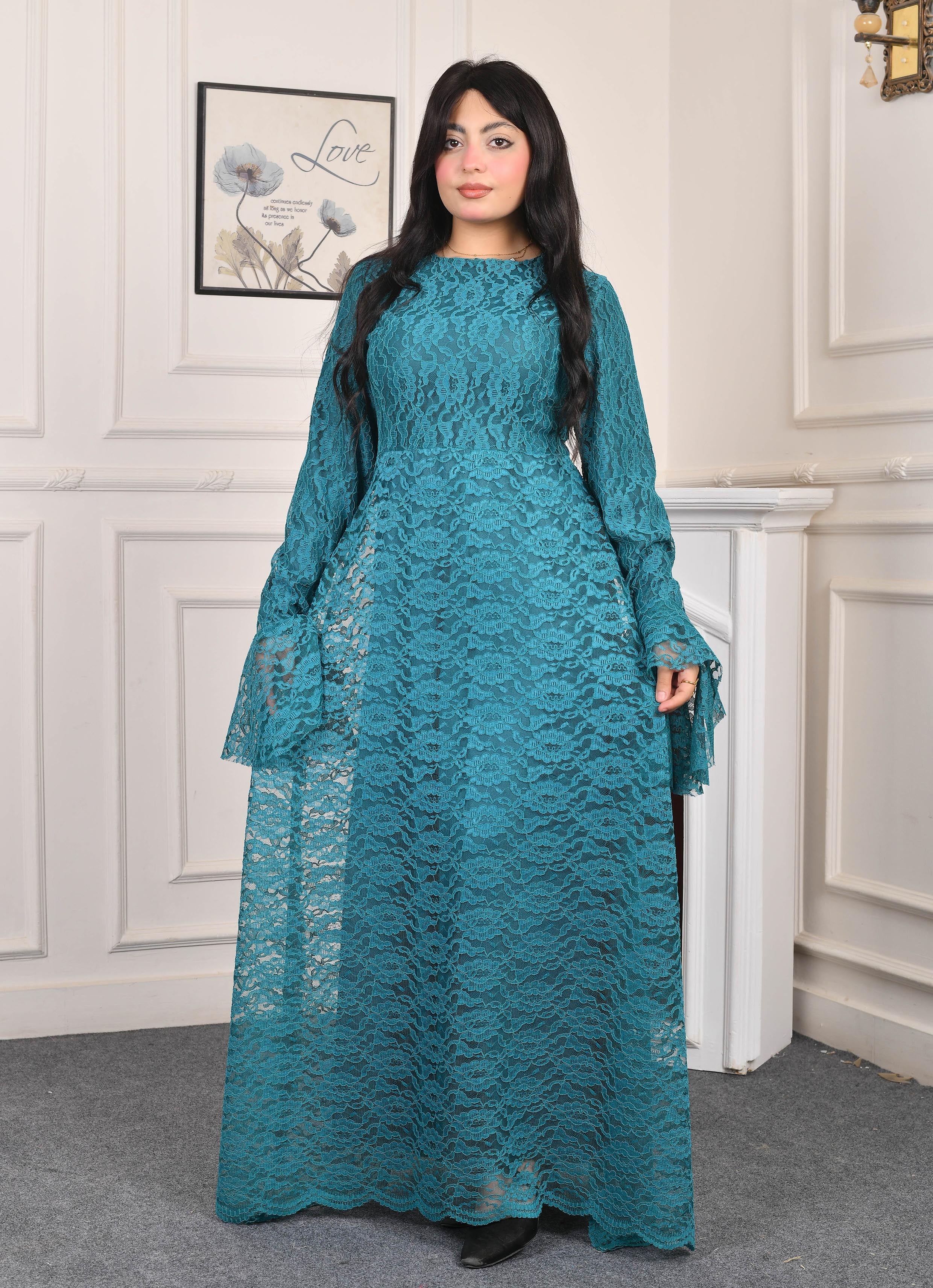 Elite Lace Evening Dress-Turquoise color