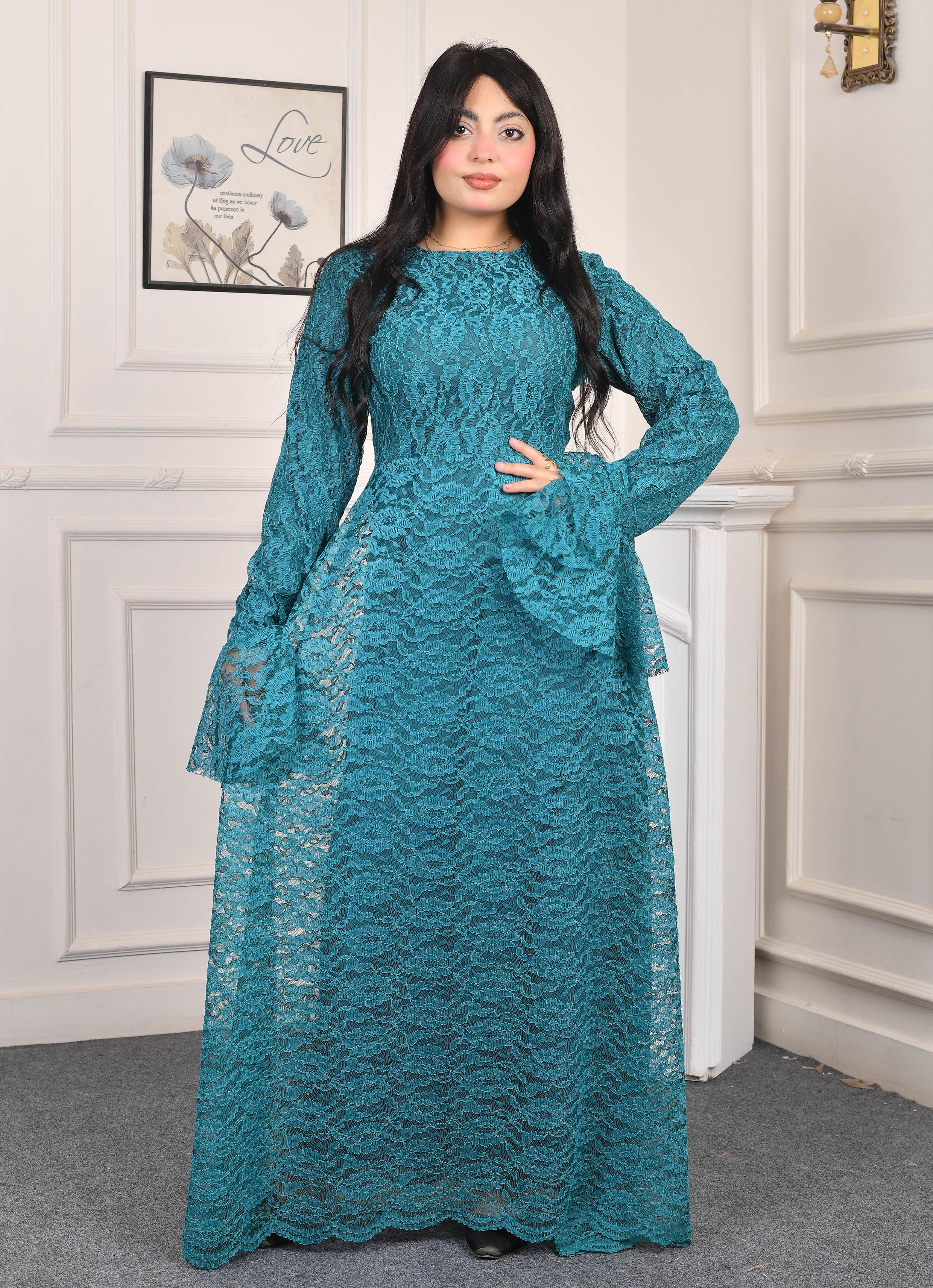 Elite Lace Evening Dress-Turquoise color