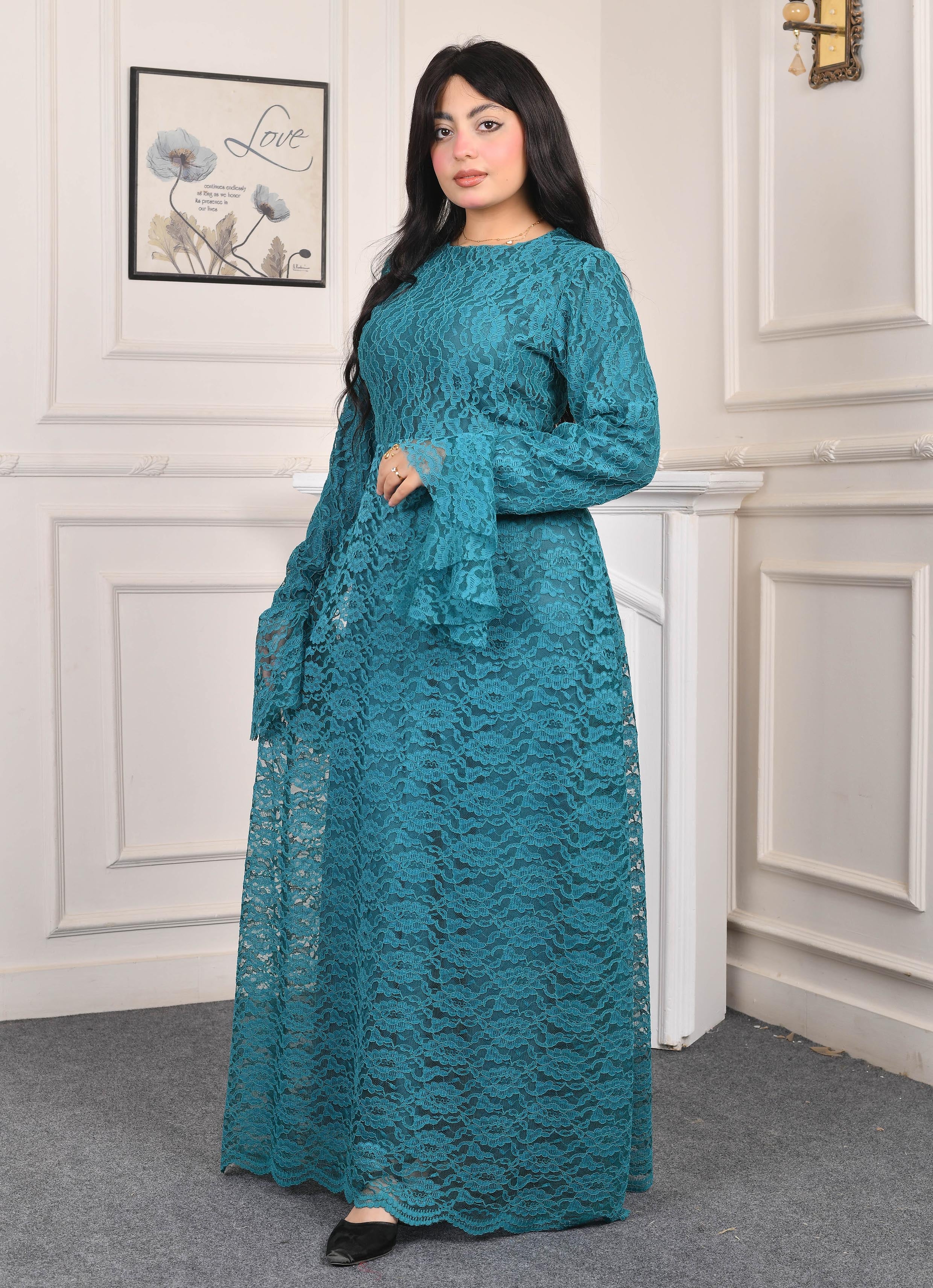 Elite Lace Evening Dress-Turquoise color