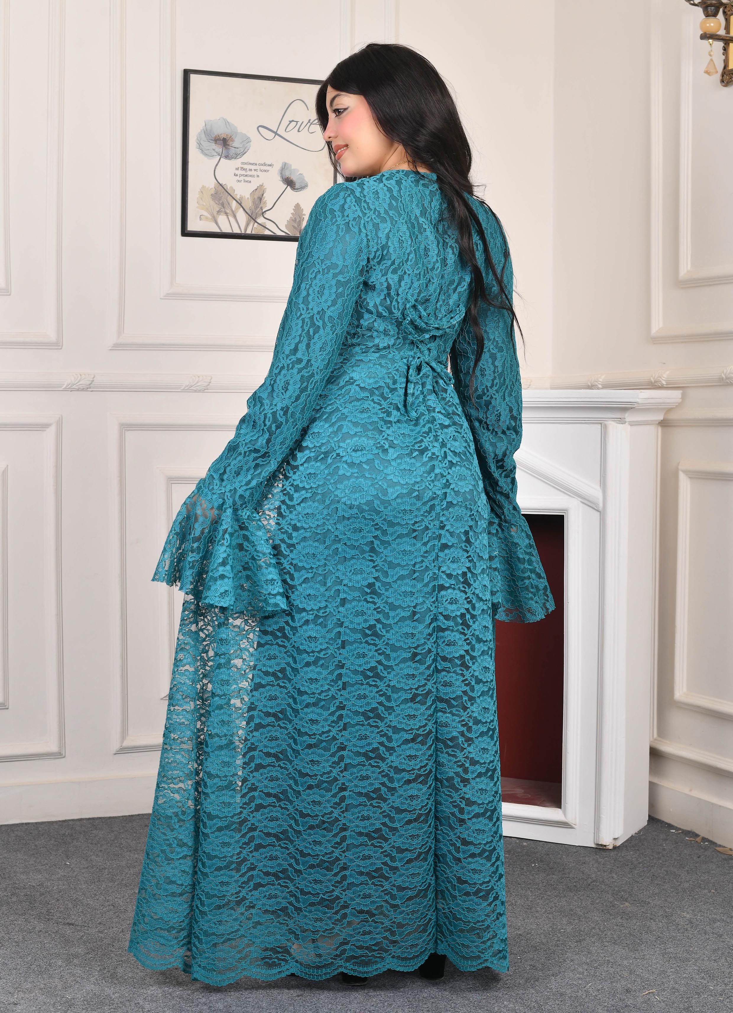 Elite Lace Evening Dress-Turquoise color