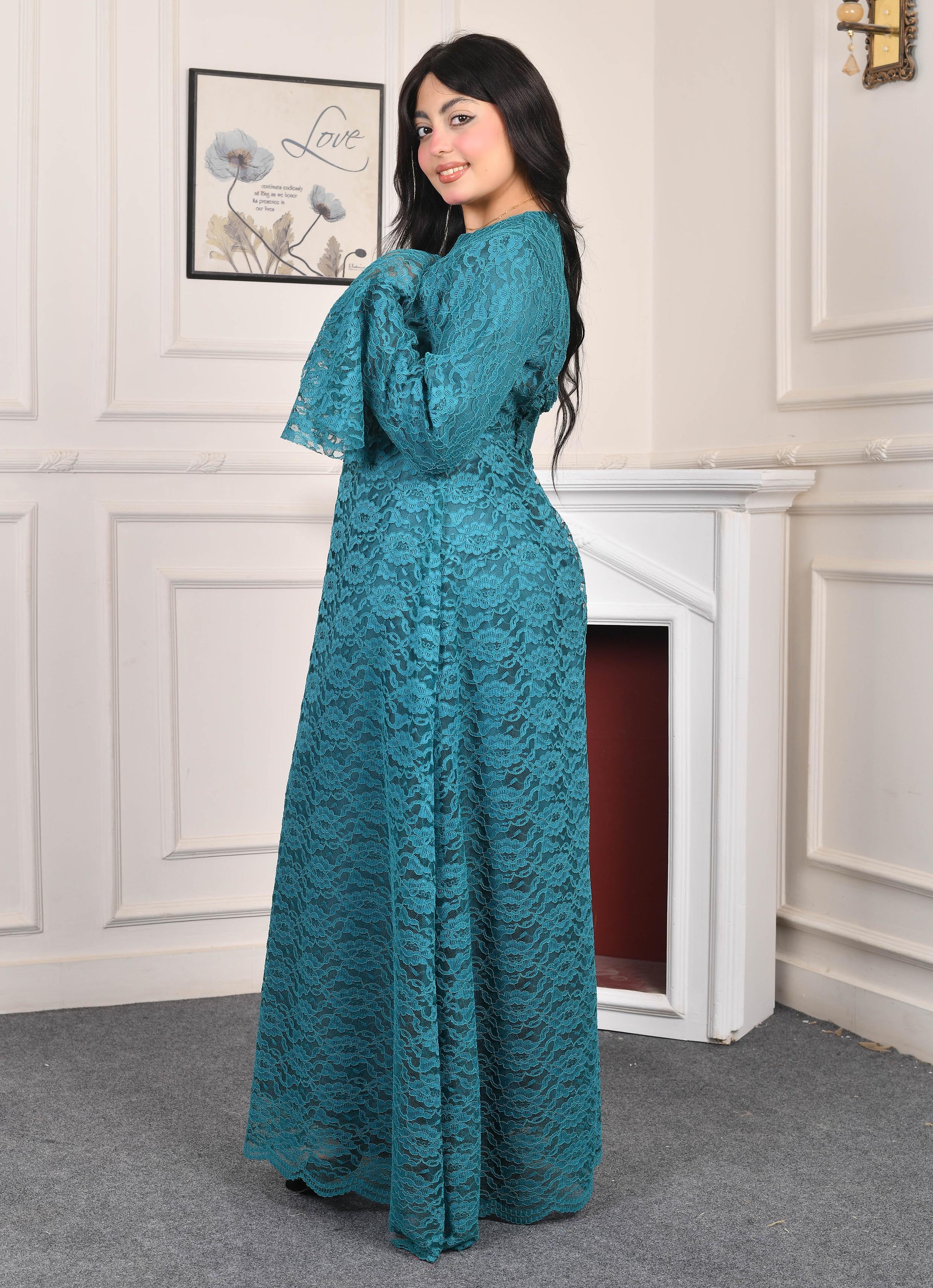 Elite Lace Evening Dress-Turquoise color