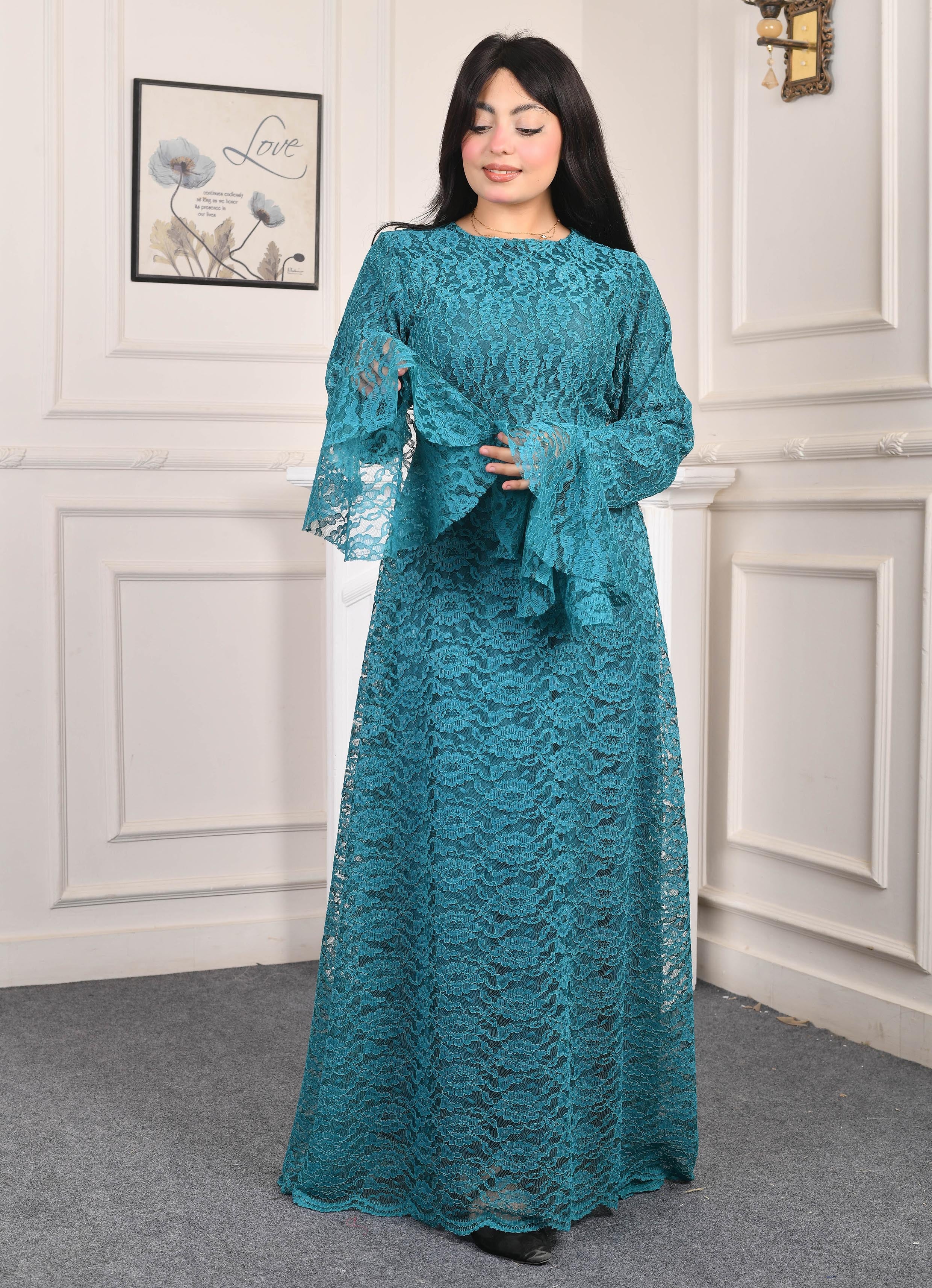 Elite Lace Evening Dress-Turquoise color