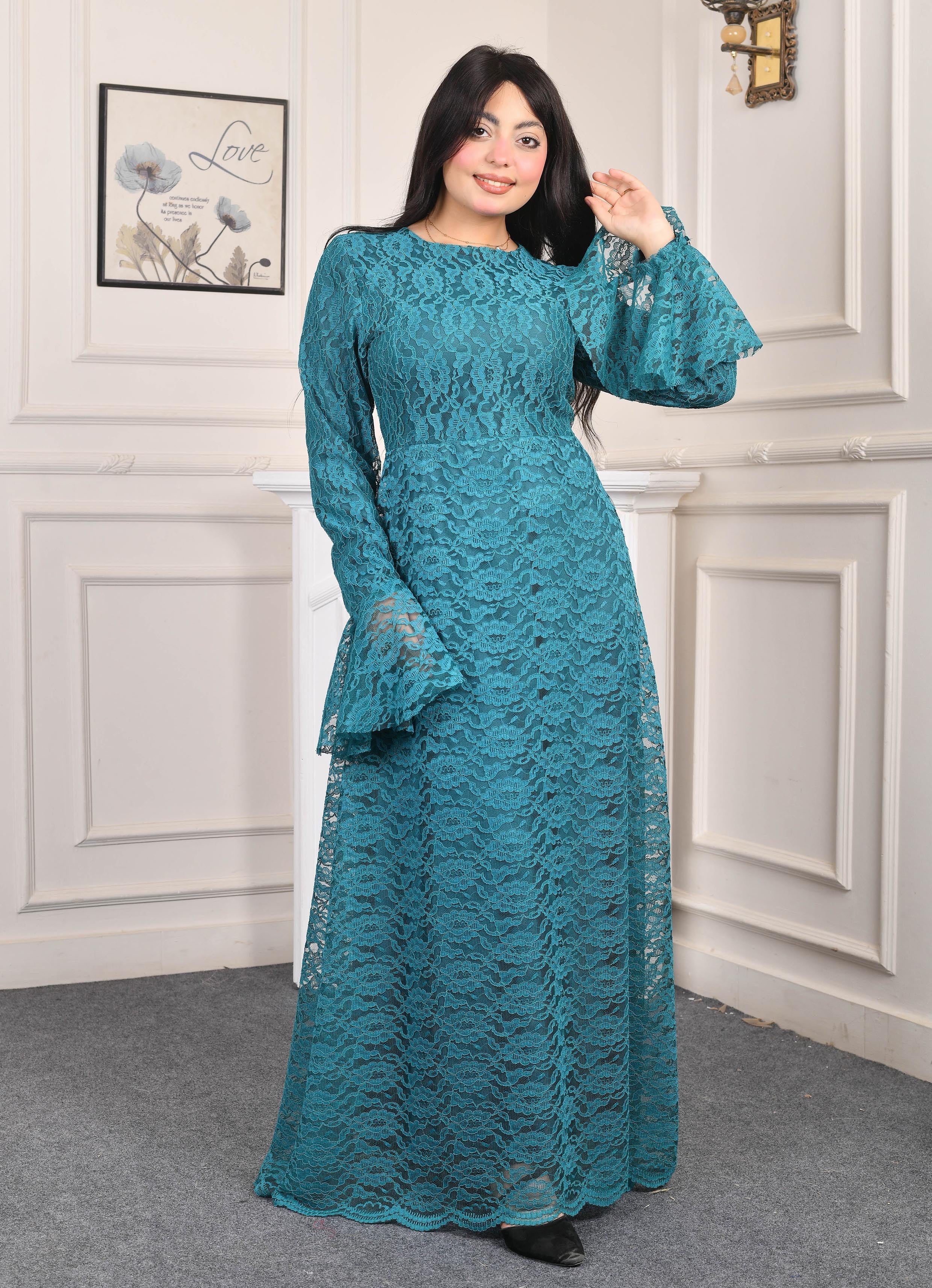 Elite Lace Evening Dress-Turquoise color