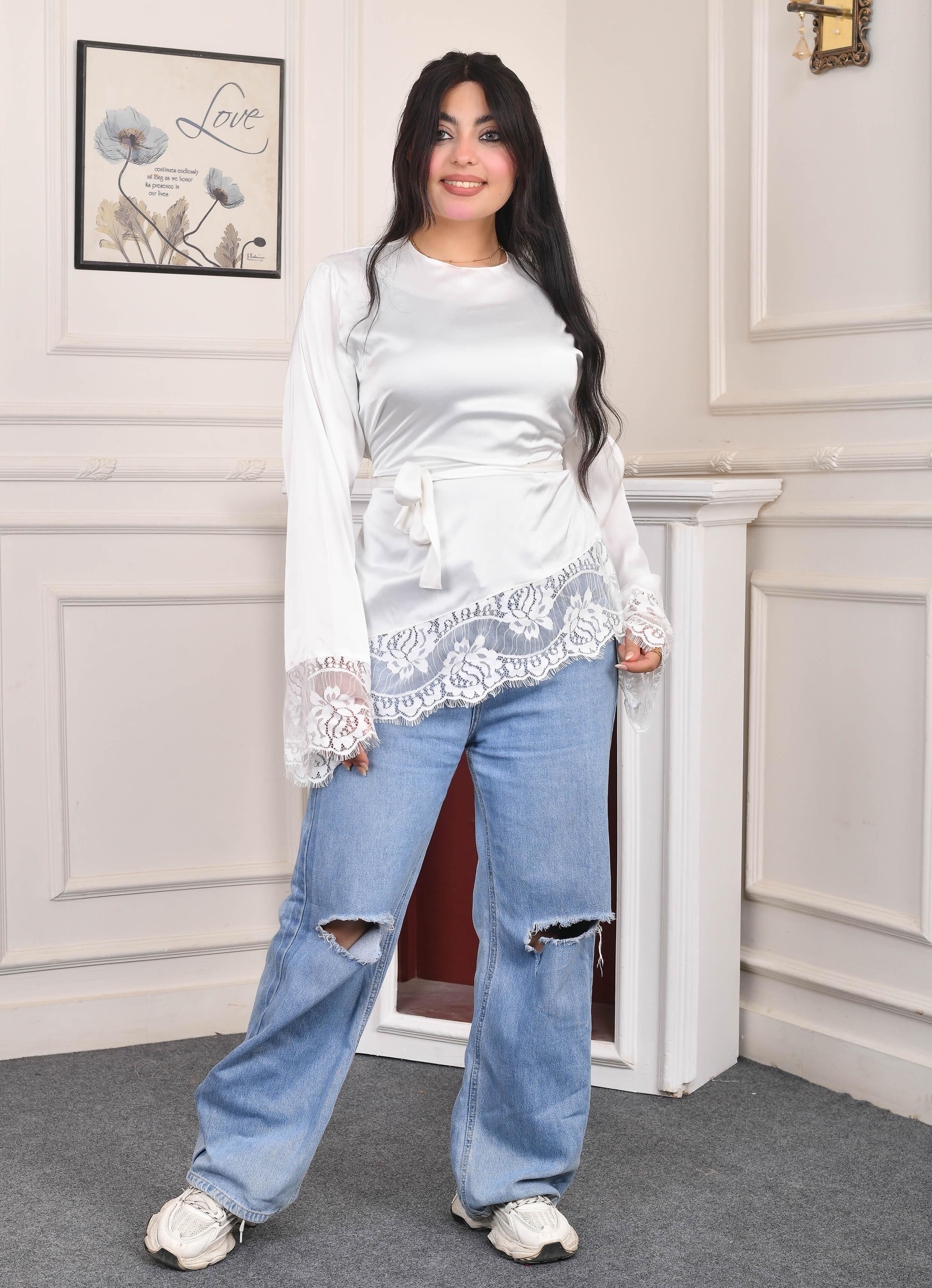 Royal Lace Satin Blouse-White color