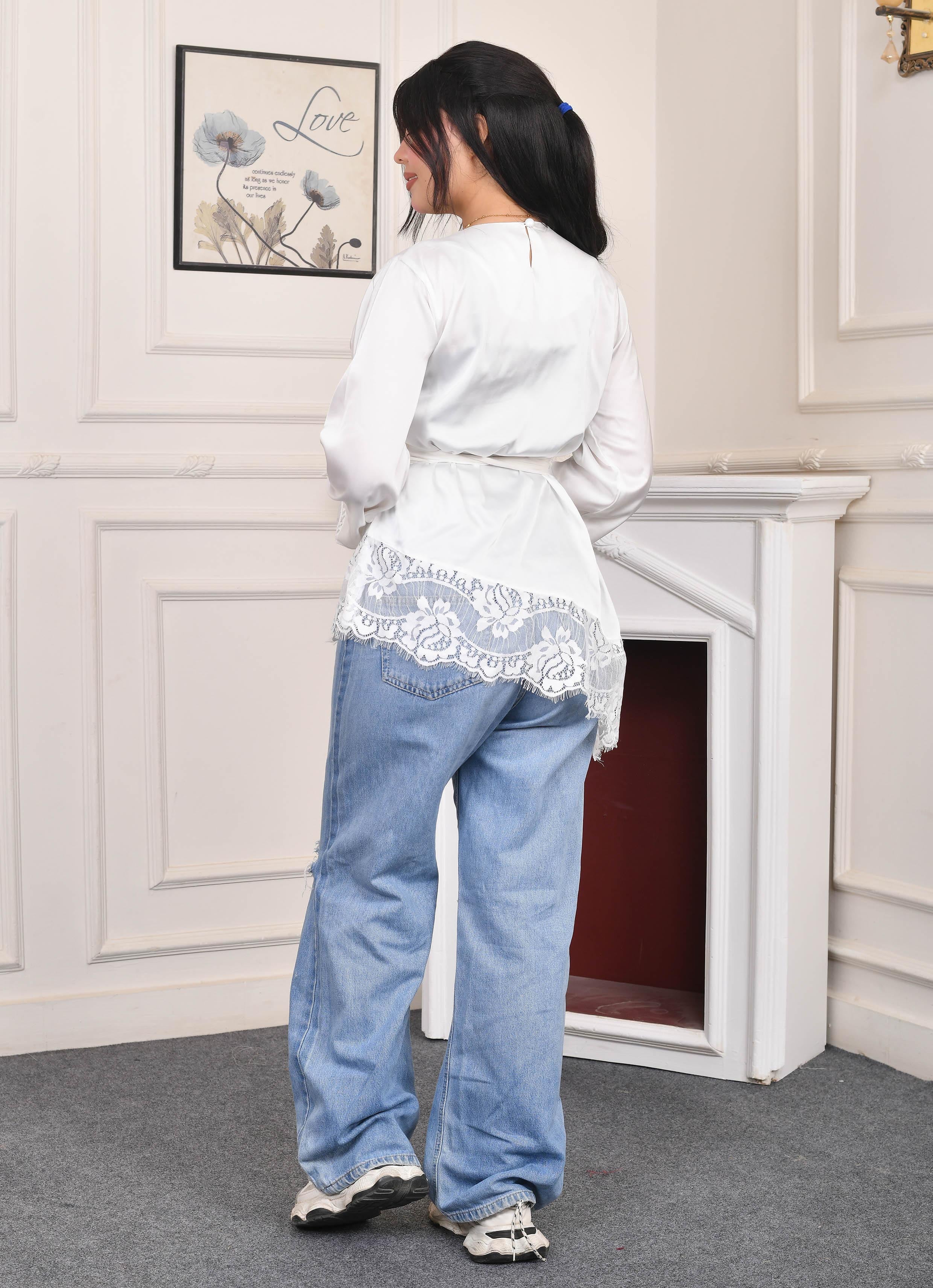 Royal Lace Satin Blouse-White color