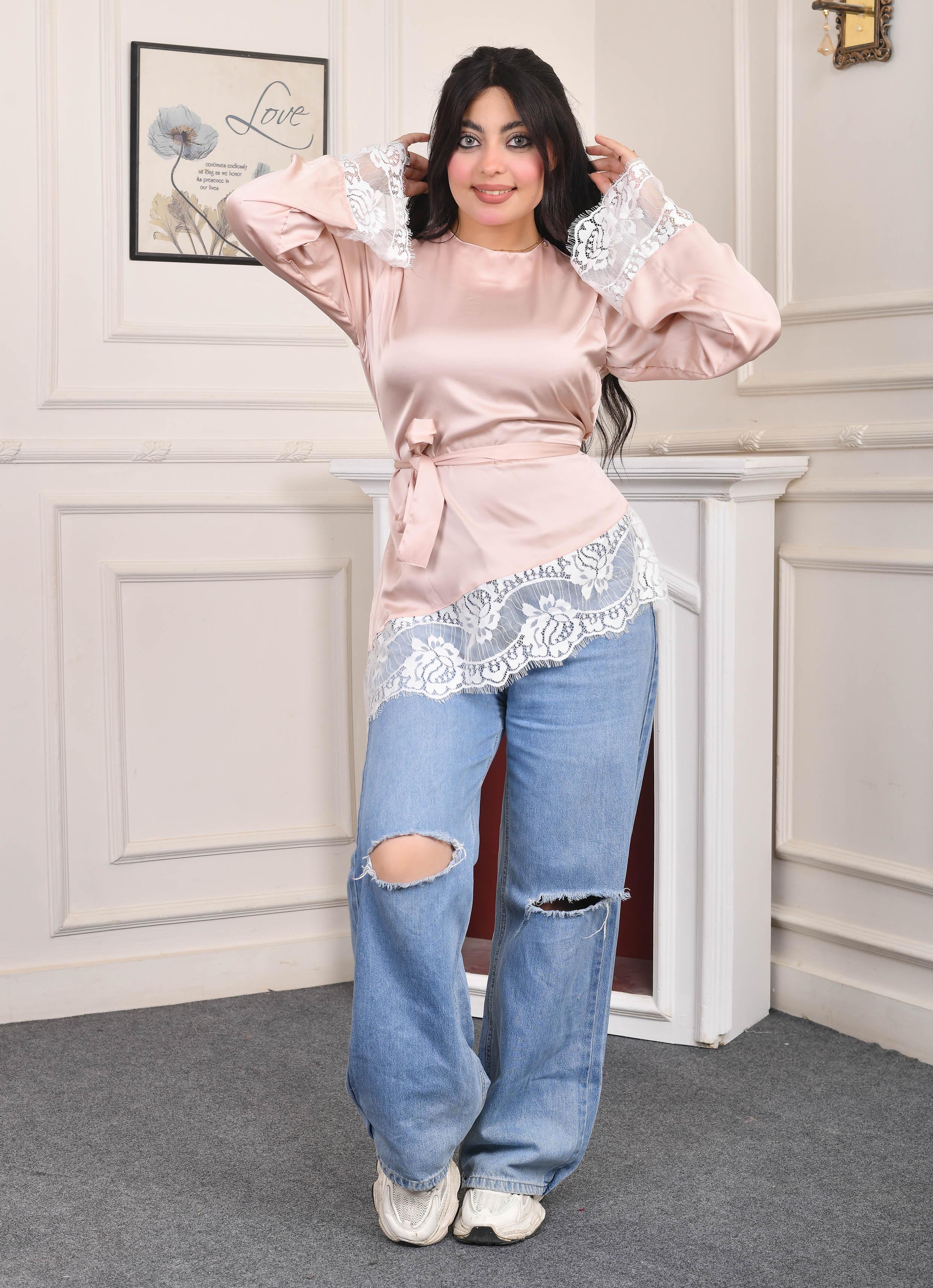 Royal Lace Satin Blouse-Cashmere color