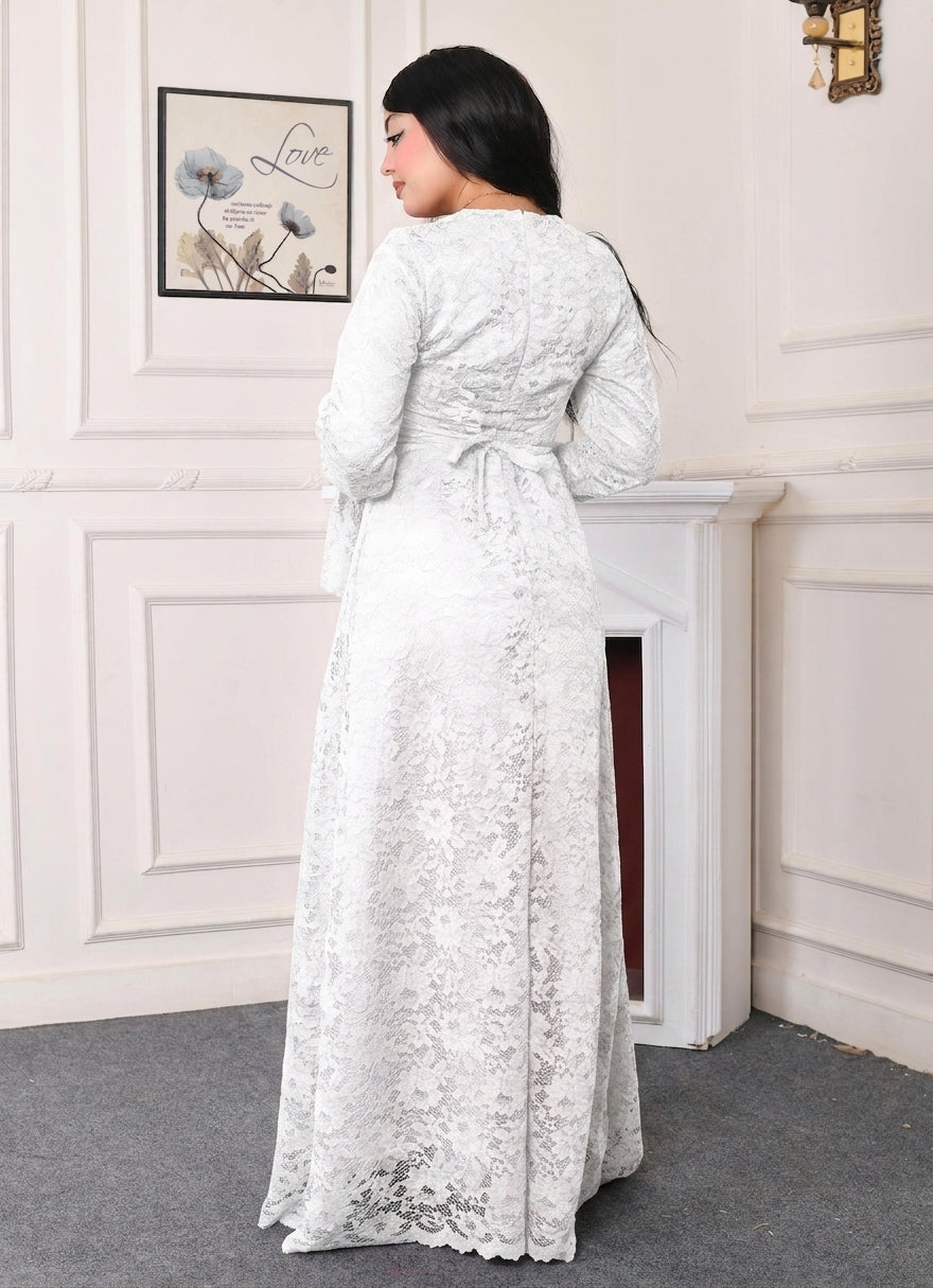 Elite Lace Evening Dress-White color