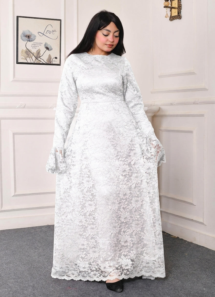 Elite Lace Evening Dress-White color