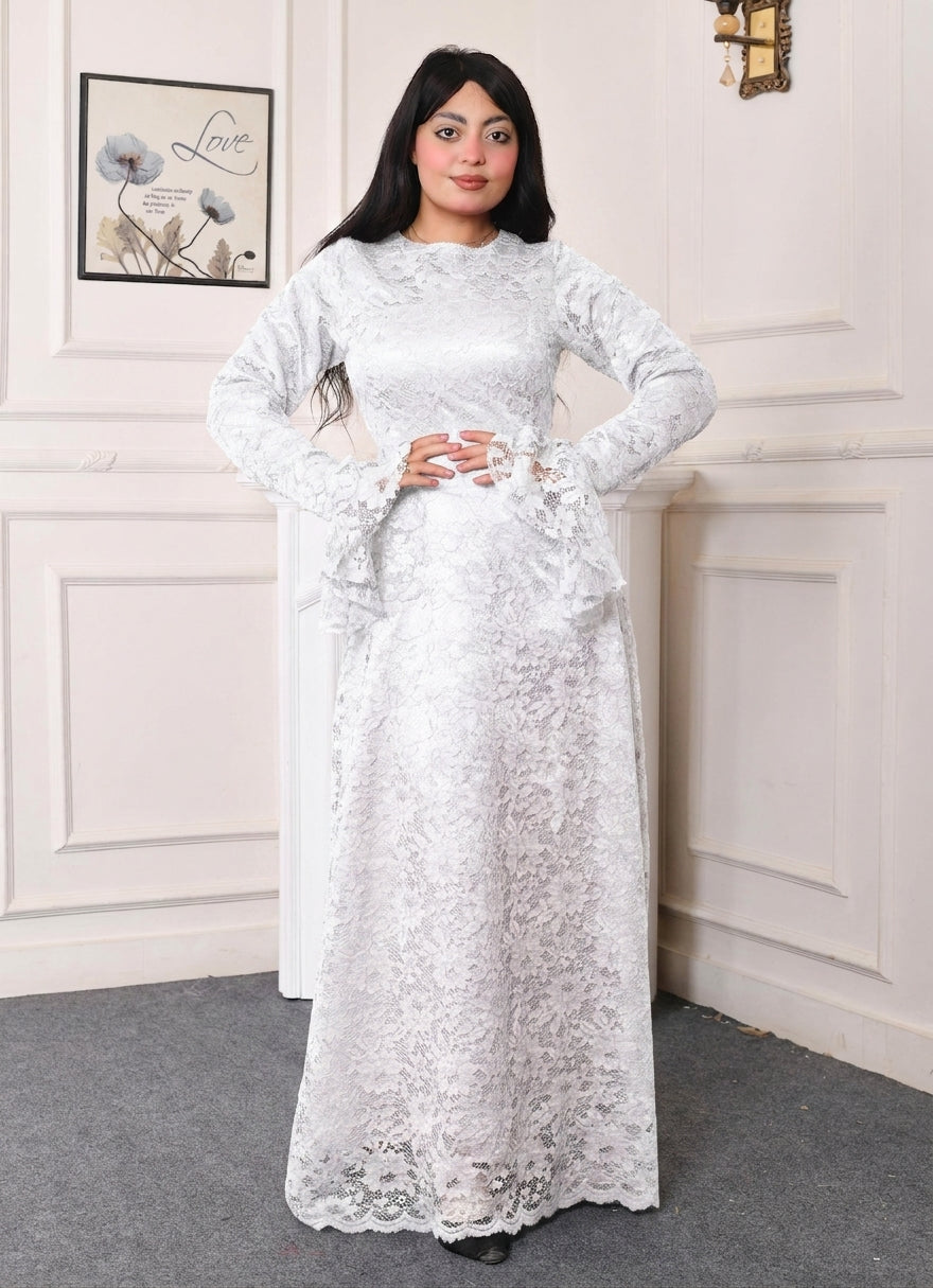 Elite Lace Evening Dress-White color