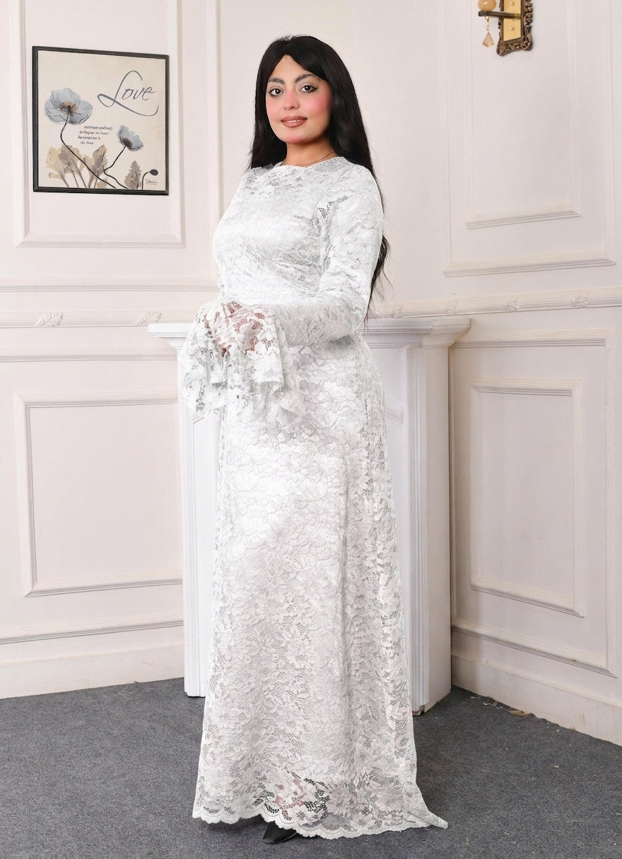 Elite Lace Evening Dress-White color